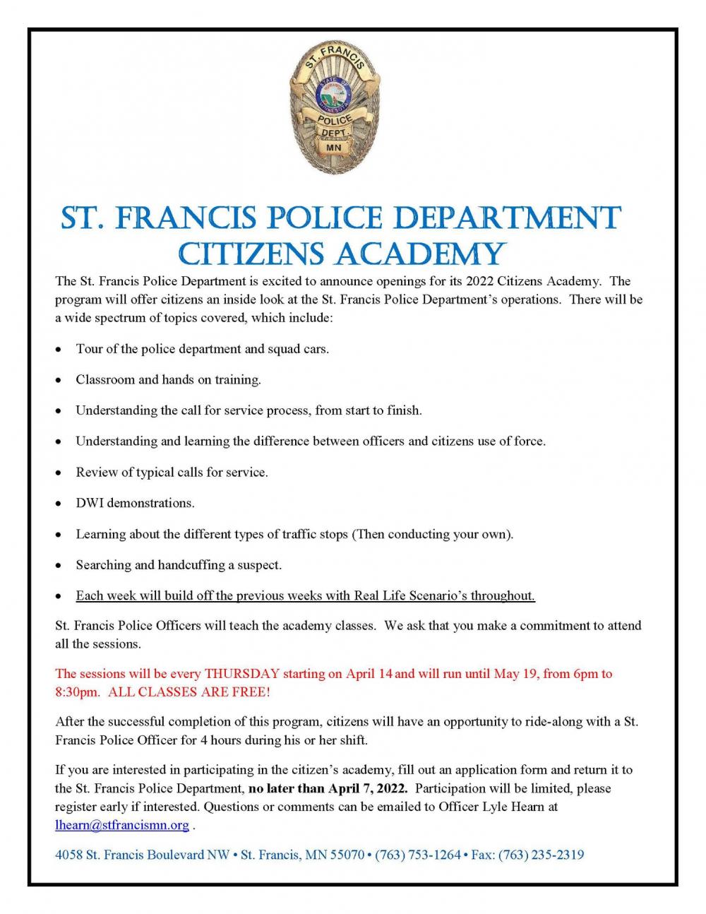 St. Francis Police Department Citizens Academy St. Francis Minnesota